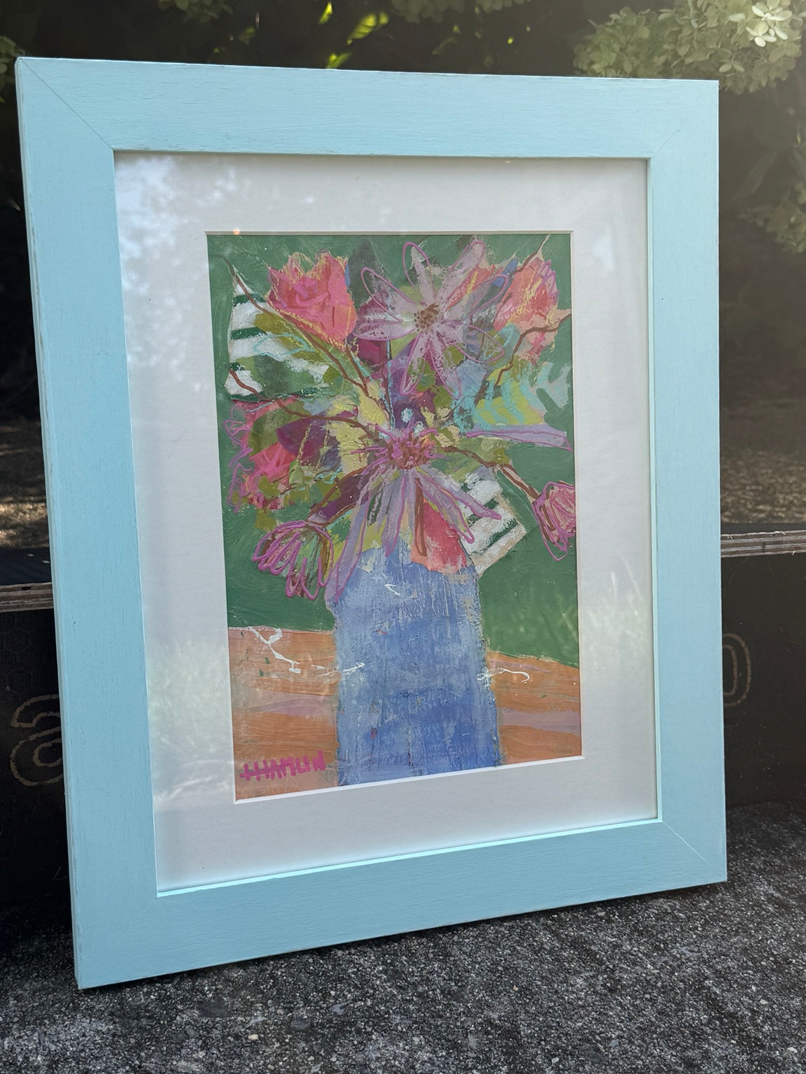 The Good Kind of Chaos original floral artwork in light blue frame