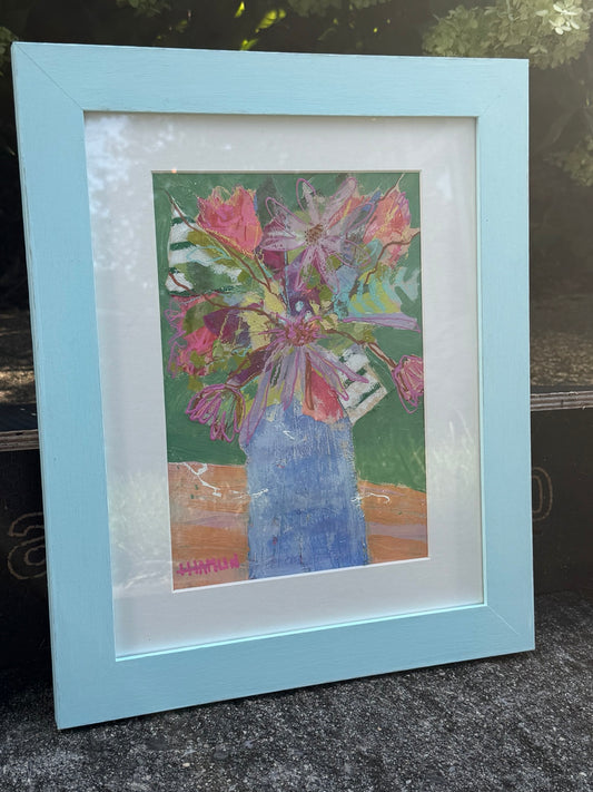 The Good Kind of Chaos original floral artwork in light blue frame