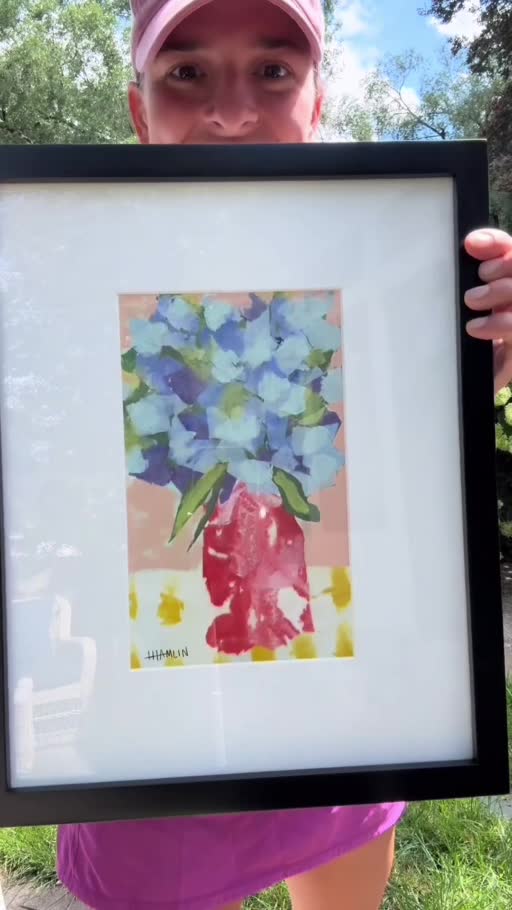 Hydrangea Blooms original artwork in black frame