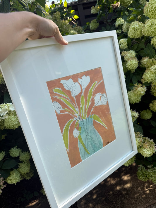 Angled view of White Tulips framed original artwork