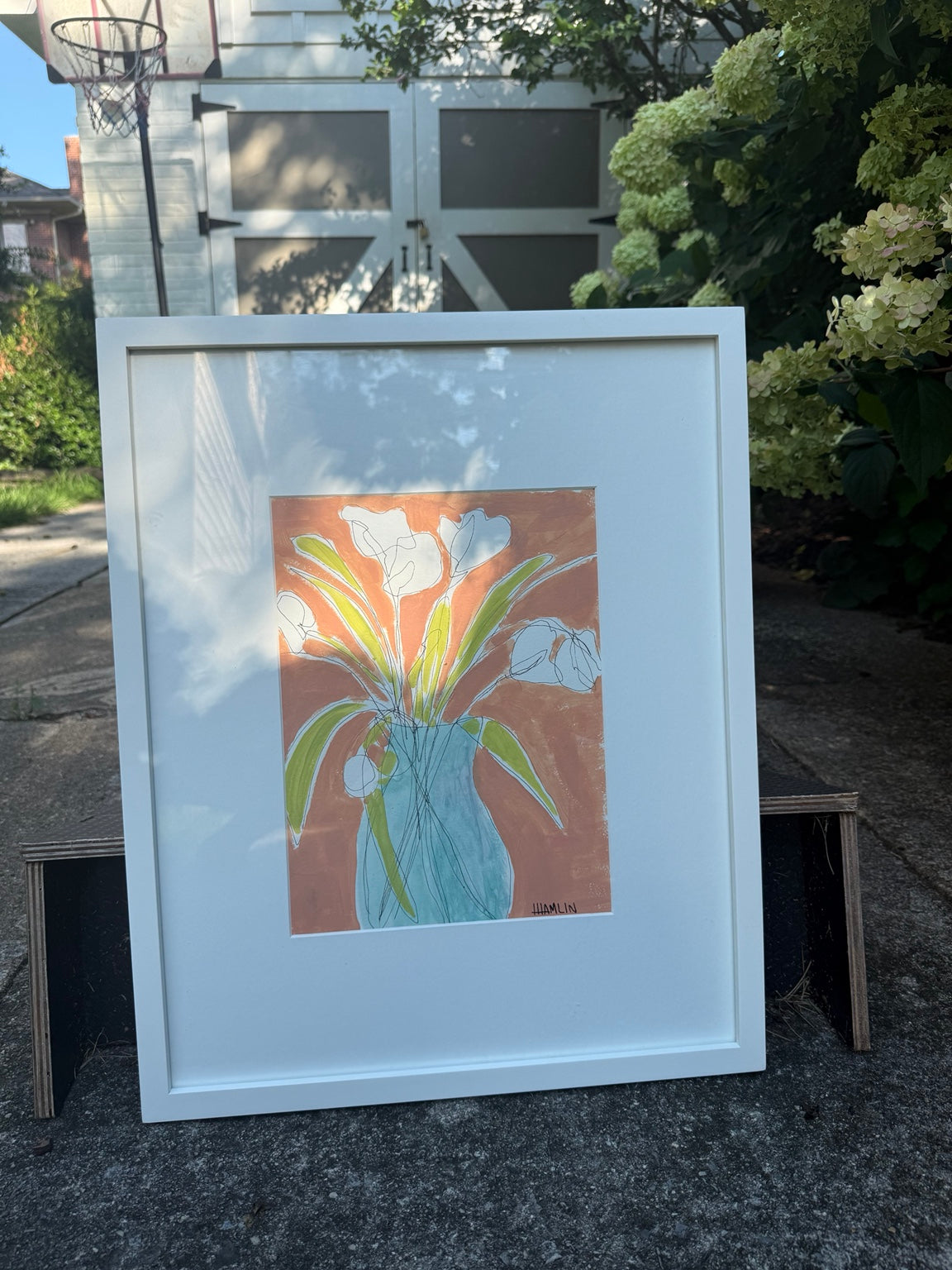 White Tulips original artwork in white frame